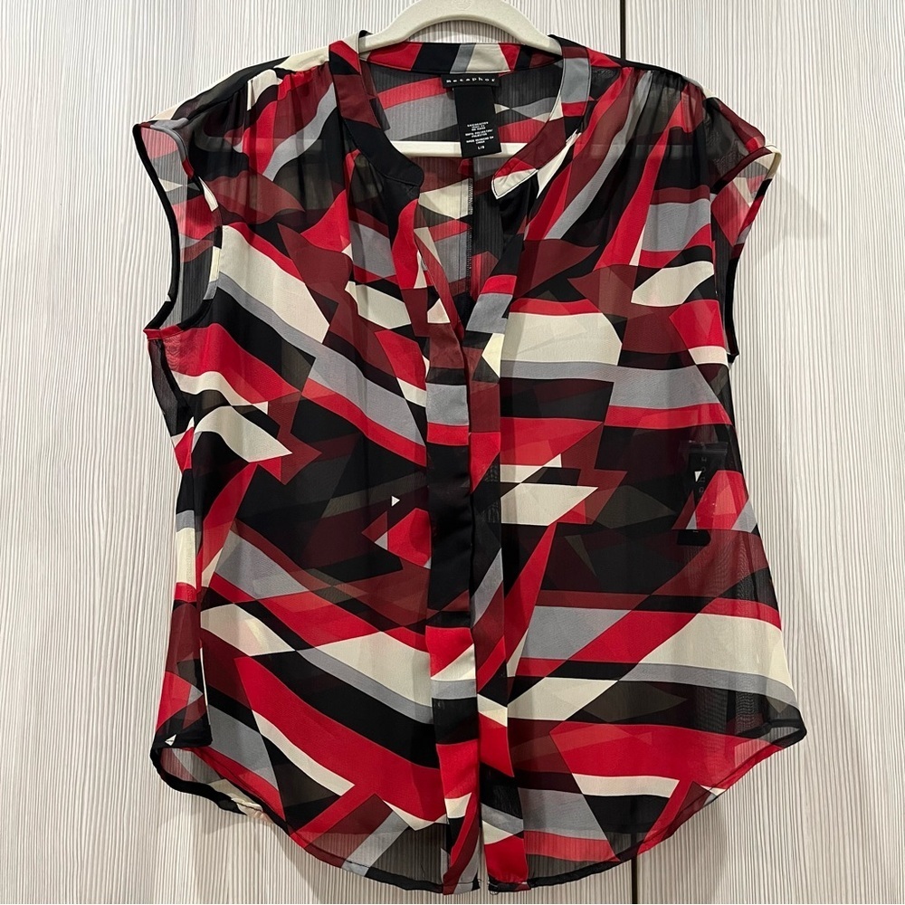 NEW Metaphor | Red, Grey, Black Abstract Cap Sleeve Button Down Blouse | Large
